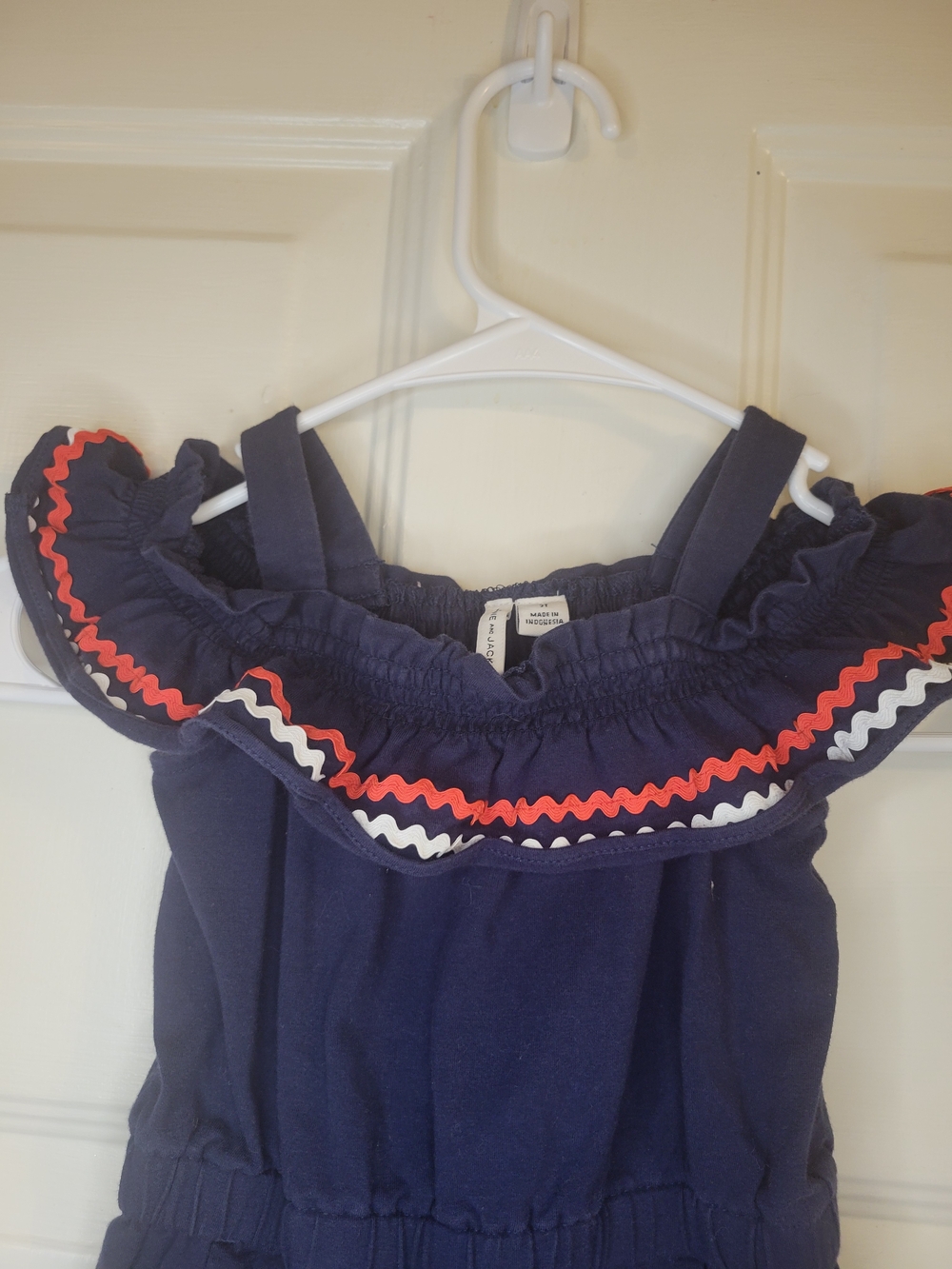 Janie And Jack Navy Off-Shoulder Romper with Red & White Trim - Picture 5 of 7